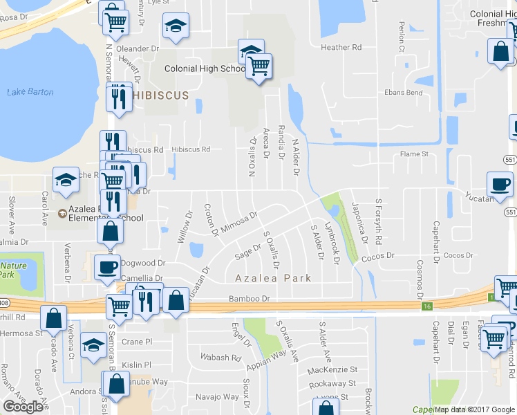 map of restaurants, bars, coffee shops, grocery stores, and more near 6127 Mimosa Drive in Orlando