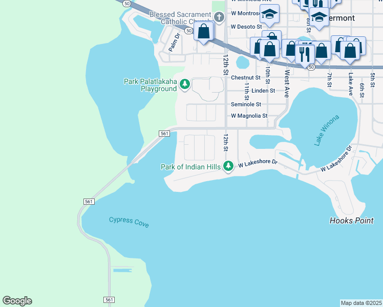 map of restaurants, bars, coffee shops, grocery stores, and more near 1610 Oak Hollow Road in Clermont