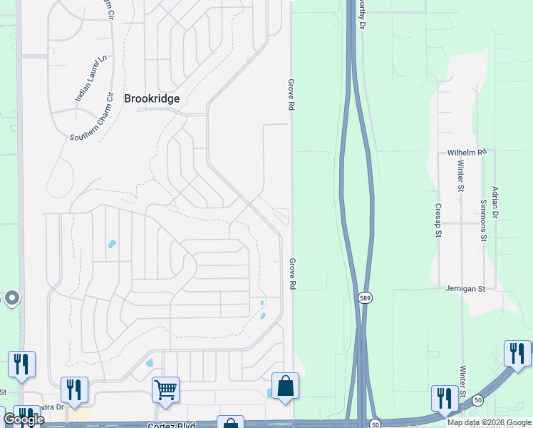 map of restaurants, bars, coffee shops, grocery stores, and more near 15116 Brookridge Boulevard in Brooksville