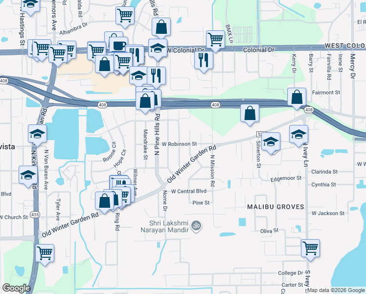 map of restaurants, bars, coffee shops, grocery stores, and more near 4994 West Robinson Street in Orlando