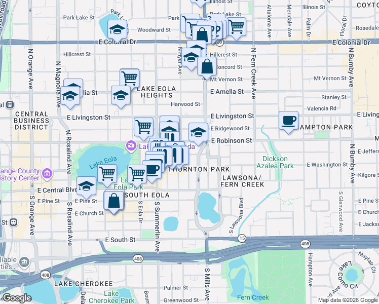 map of restaurants, bars, coffee shops, grocery stores, and more near 911 East Jefferson Street in Orlando