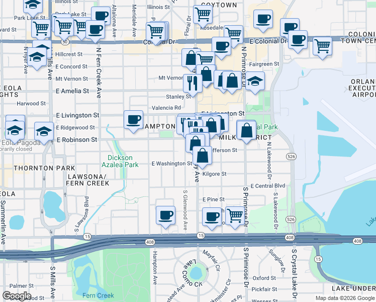 map of restaurants, bars, coffee shops, grocery stores, and more near 201 North Glenwood Avenue in Orlando