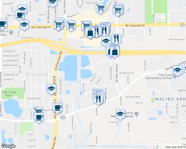 map of restaurants, bars, coffee shops, grocery stores, and more near 302 Ronnie Circle in Orlando