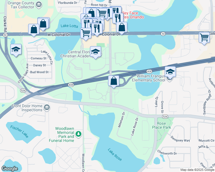map of restaurants, bars, coffee shops, grocery stores, and more near 216 Hawthorne Groves Boulevard in Orlando