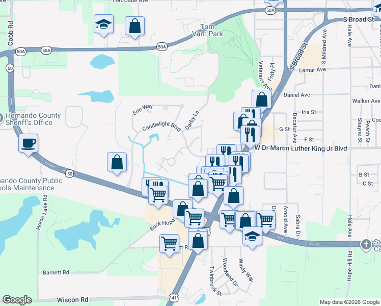 map of restaurants, bars, coffee shops, grocery stores, and more near 970 Village Drive in Brooksville