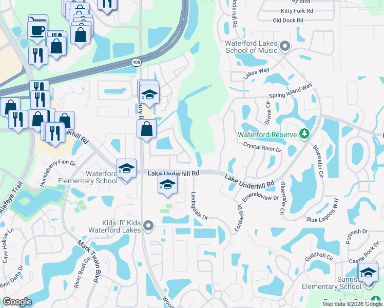 map of restaurants, bars, coffee shops, grocery stores, and more near 585 Waterscape Way in Orlando