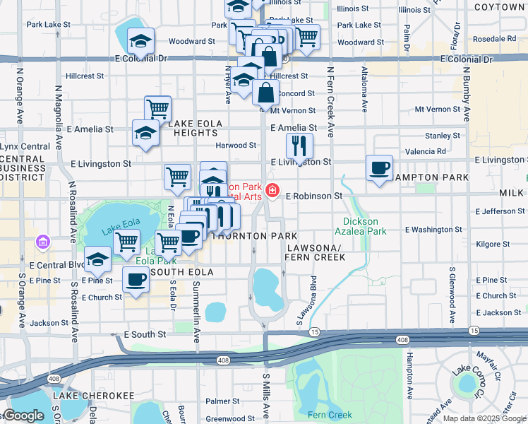 map of restaurants, bars, coffee shops, grocery stores, and more near 1115 East Jefferson Street in Orlando