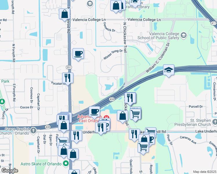 map of restaurants, bars, coffee shops, grocery stores, and more near 7904 Pine Crossing Circle in Orlando