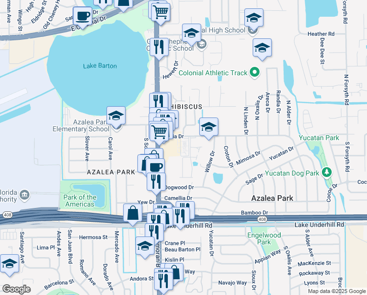 map of restaurants, bars, coffee shops, grocery stores, and more near 5836 Dahlia Drive in Orlando