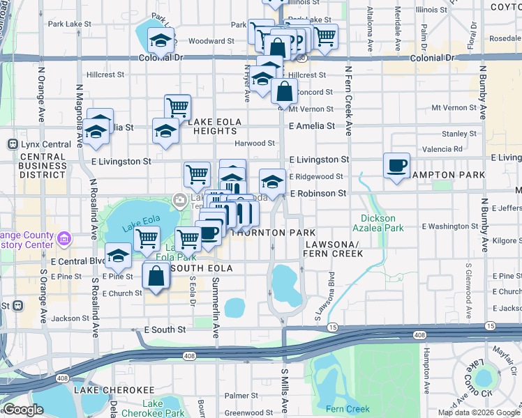 map of restaurants, bars, coffee shops, grocery stores, and more near 911 East Jefferson Street in Orlando