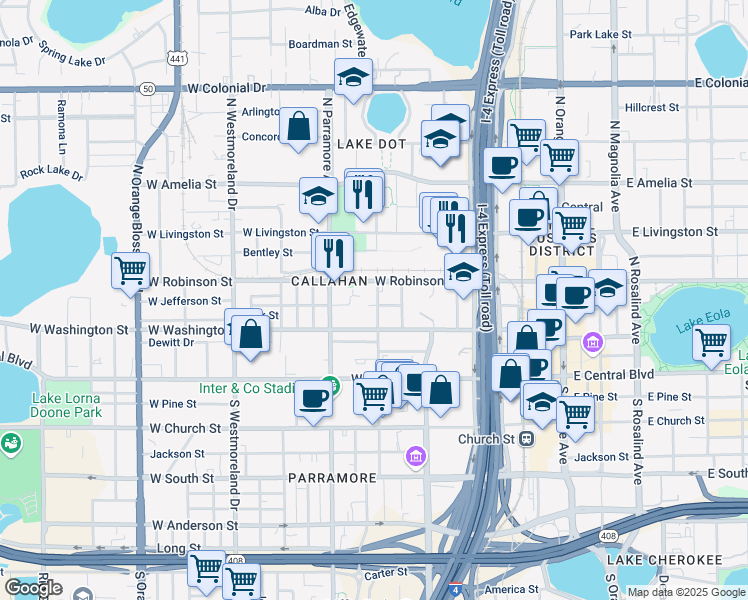 map of restaurants, bars, coffee shops, grocery stores, and more near 200 North Terry Avenue in Orlando