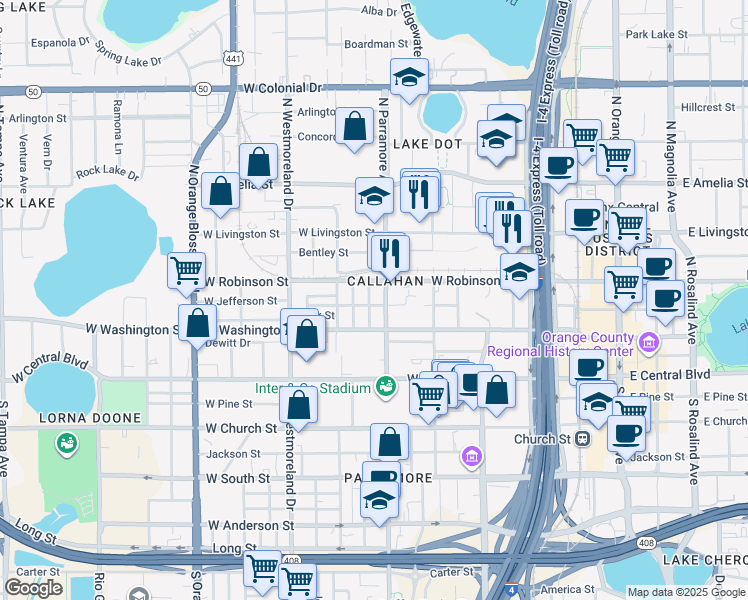 map of restaurants, bars, coffee shops, grocery stores, and more near in Orlando