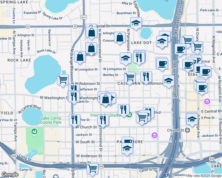 map of restaurants, bars, coffee shops, grocery stores, and more near 802 Hills Street in Orlando