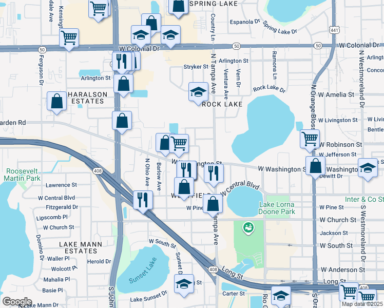 map of restaurants, bars, coffee shops, grocery stores, and more near 218 North Dollins Avenue in Orlando