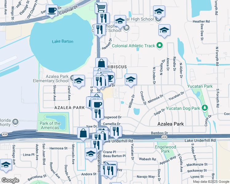 map of restaurants, bars, coffee shops, grocery stores, and more near 5836 Dahlia Drive in Orlando