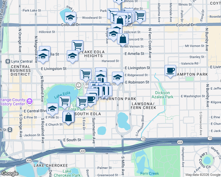 map of restaurants, bars, coffee shops, grocery stores, and more near 911 East Jefferson Street in Orlando