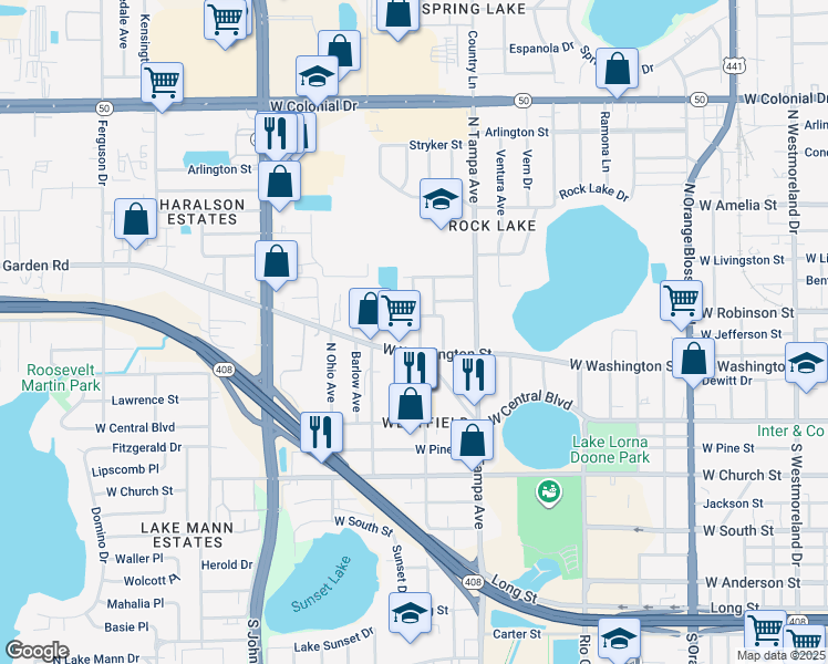 map of restaurants, bars, coffee shops, grocery stores, and more near 218 North Dollins Avenue in Orlando
