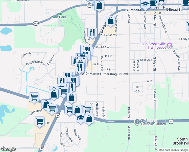 map of restaurants, bars, coffee shops, grocery stores, and more near 711 West Doctor Martin Luther King Junior Boulevard in Brooksville