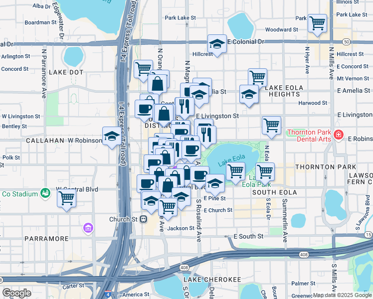 map of restaurants, bars, coffee shops, grocery stores, and more near 150 East Robinson Street in Orlando