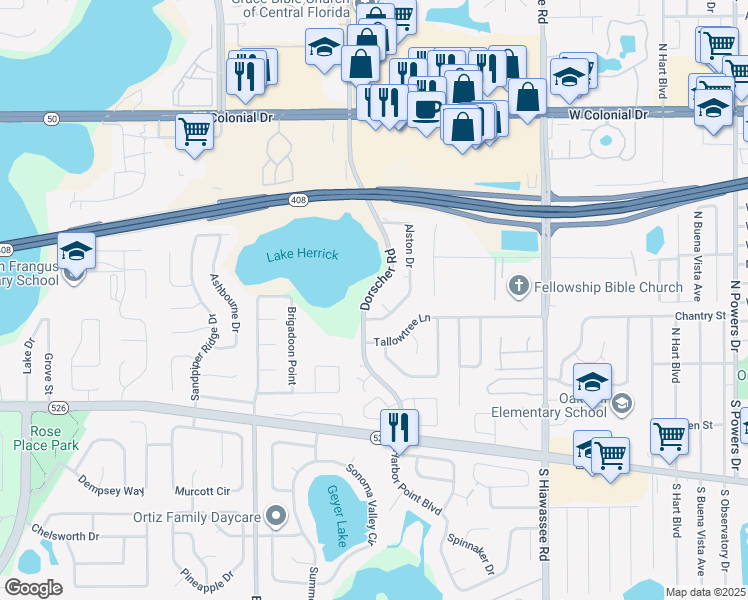 map of restaurants, bars, coffee shops, grocery stores, and more near 7314 Seena Court in Orlando