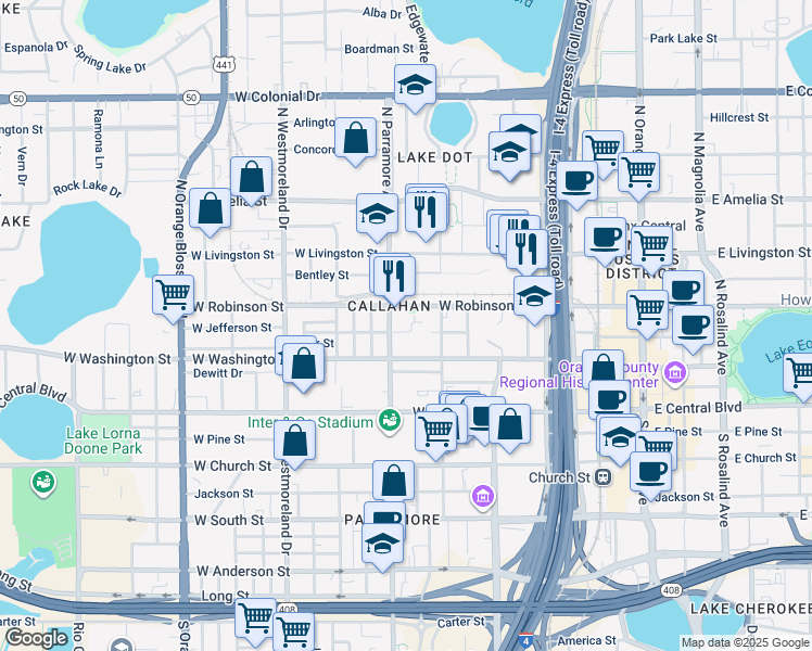 map of restaurants, bars, coffee shops, grocery stores, and more near 651 West Jefferson Street in Orlando
