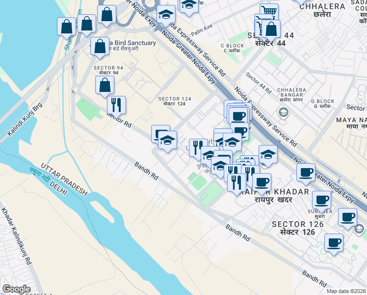 map of restaurants, bars, coffee shops, grocery stores, and more near in Noida