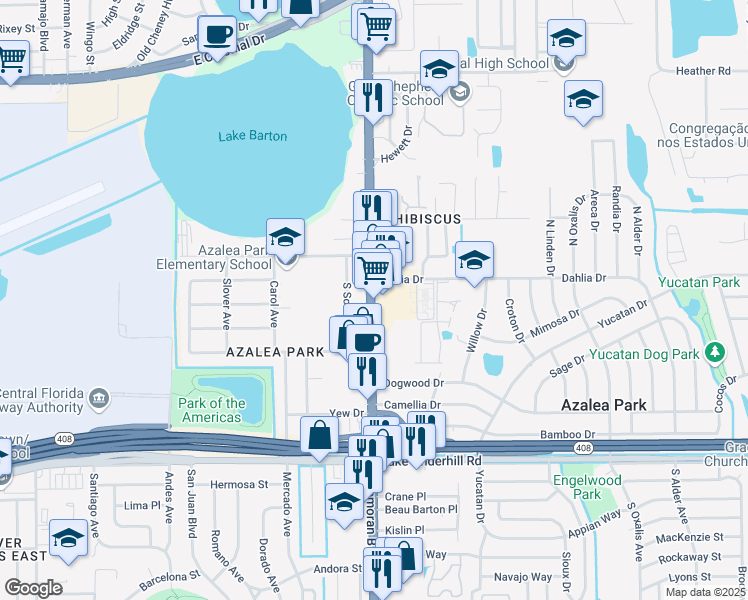 map of restaurants, bars, coffee shops, grocery stores, and more near 53 South Semoran Boulevard in Orlando