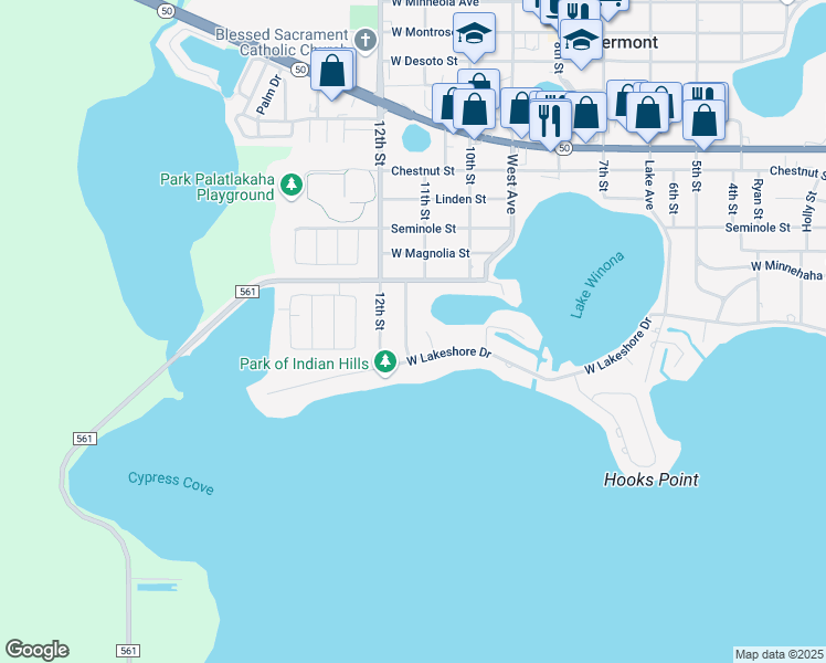 map of restaurants, bars, coffee shops, grocery stores, and more near 1793 Rosewood Drive in Clermont