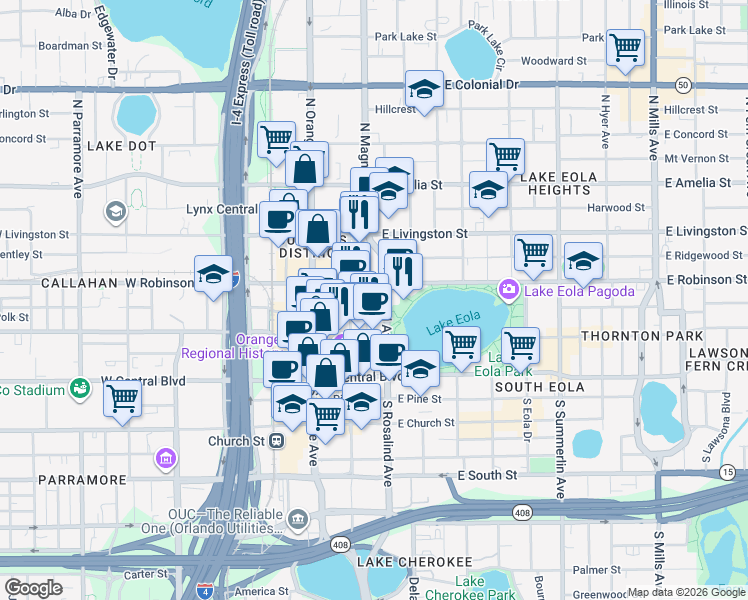 map of restaurants, bars, coffee shops, grocery stores, and more near 150 East Robinson Street in Orlando