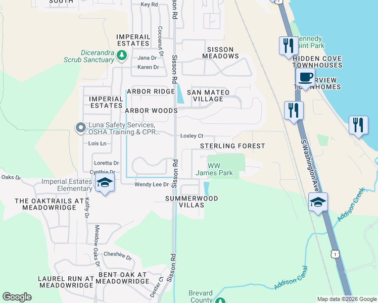 map of restaurants, bars, coffee shops, grocery stores, and more near 5358 Hallamshire Boulevard in Titusville