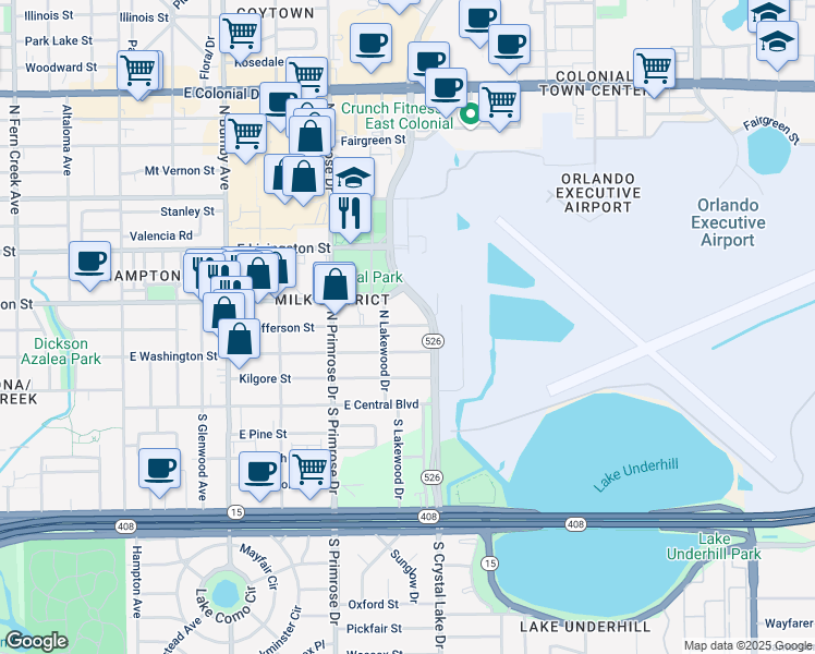 map of restaurants, bars, coffee shops, grocery stores, and more near 3018 East Jefferson Street in Orlando