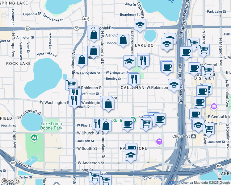 map of restaurants, bars, coffee shops, grocery stores, and more near 802 Hills Street in Orlando