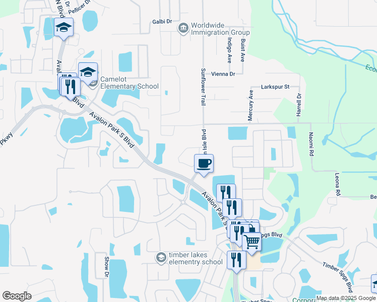 map of restaurants, bars, coffee shops, grocery stores, and more near 306 Sunflower Trail in Orlando