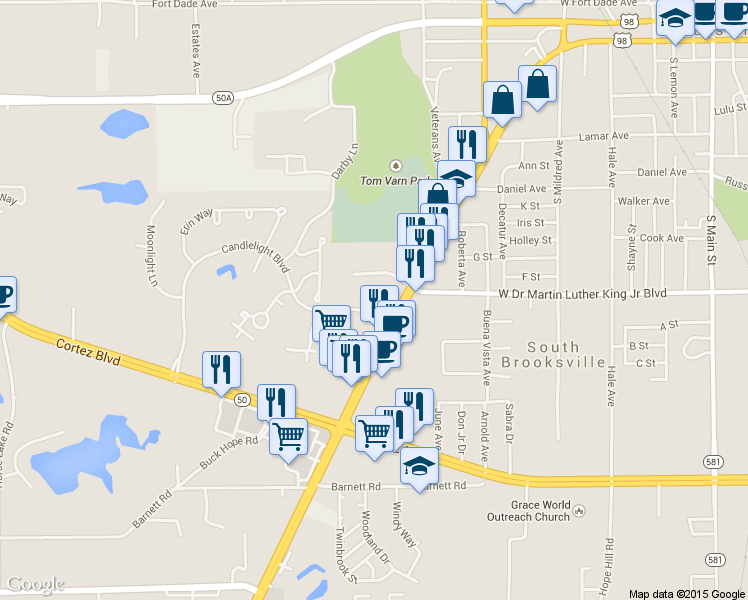 map of restaurants, bars, coffee shops, grocery stores, and more near 924 Candlelight Boulevard in Brooksville
