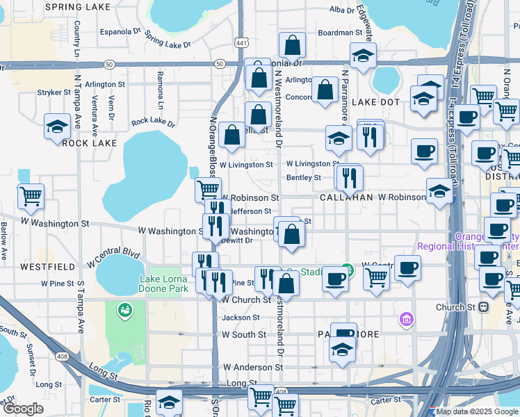 map of restaurants, bars, coffee shops, grocery stores, and more near 1031 West Jefferson Street in Orlando