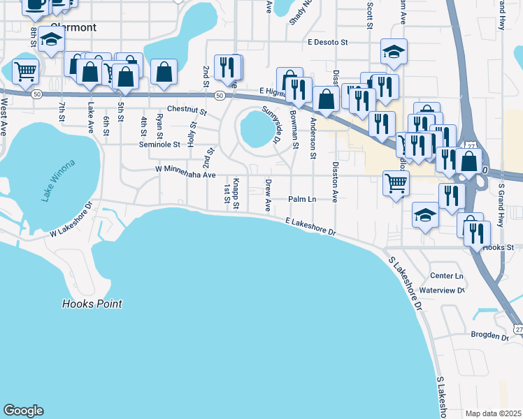 map of restaurants, bars, coffee shops, grocery stores, and more near 164 East Lakeshore Drive in Clermont