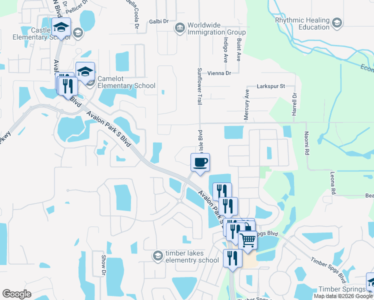 map of restaurants, bars, coffee shops, grocery stores, and more near 306 Sunflower Trail in Orlando