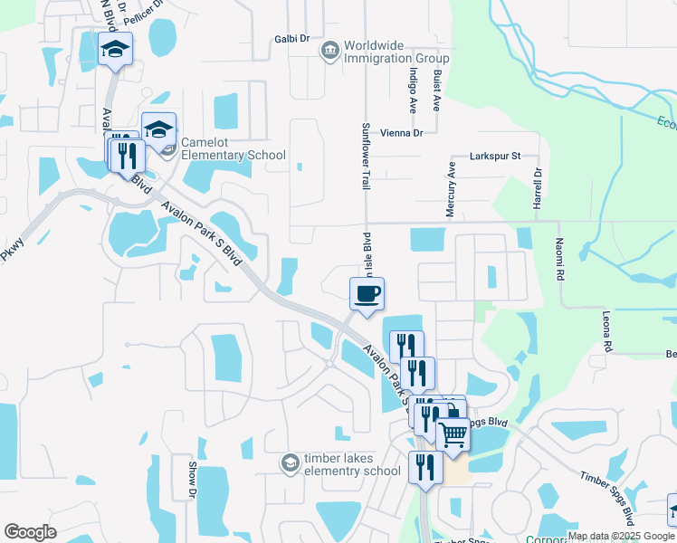 map of restaurants, bars, coffee shops, grocery stores, and more near 306 Sunflower Trail in Orlando