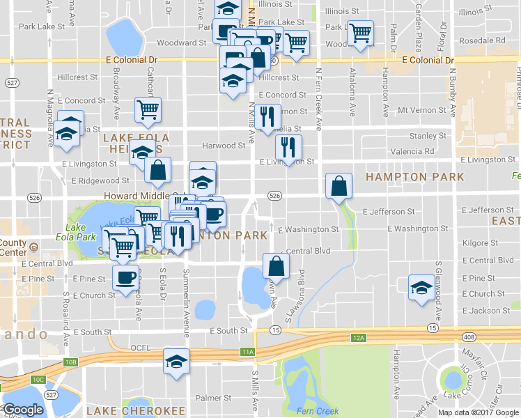map of restaurants, bars, coffee shops, grocery stores, and more near 1115 East Jefferson Street in Orlando
