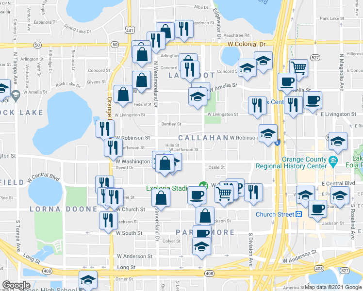 map of restaurants, bars, coffee shops, grocery stores, and more near 802 Hills Street in Orlando