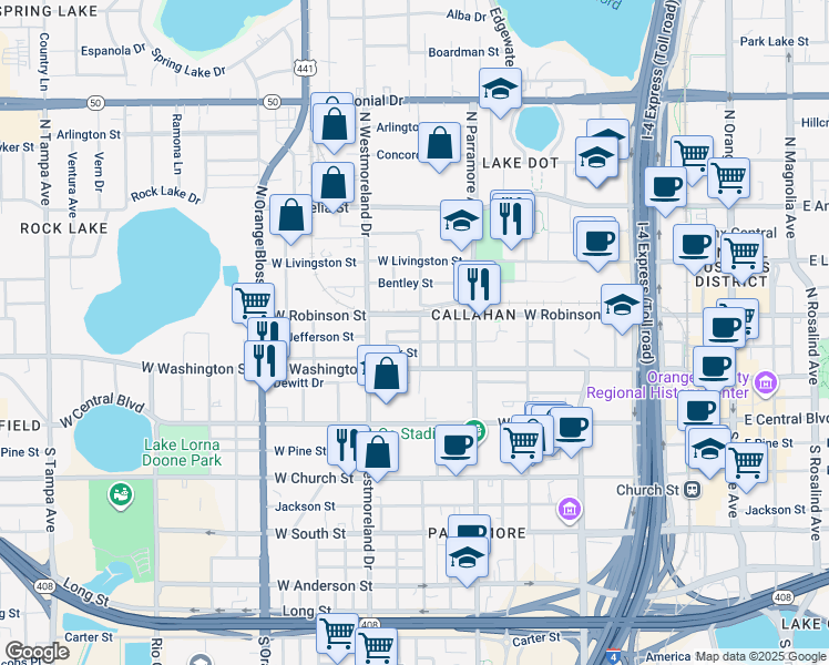 map of restaurants, bars, coffee shops, grocery stores, and more near 802 Hills Street in Orlando