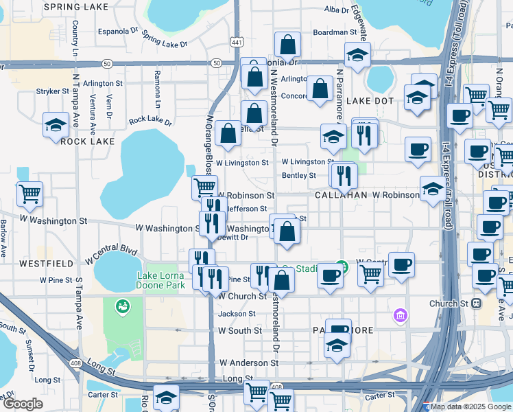 map of restaurants, bars, coffee shops, grocery stores, and more near 1031 West Jefferson Street in Orlando