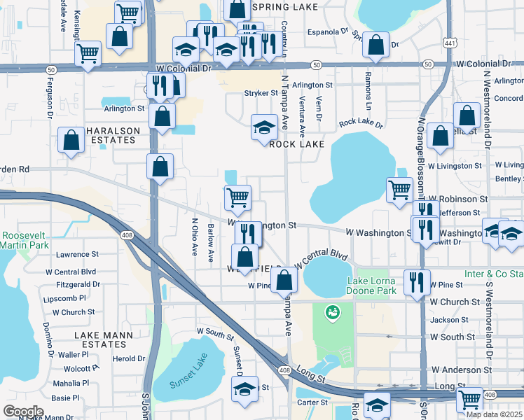 map of restaurants, bars, coffee shops, grocery stores, and more near 219 North Lakeland Avenue in Orlando