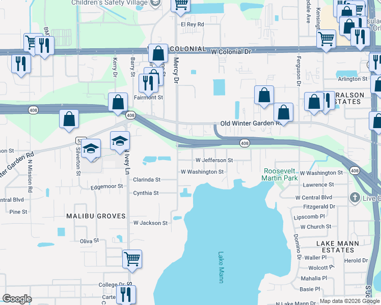 map of restaurants, bars, coffee shops, grocery stores, and more near 4045 West Jefferson Street in Orlando