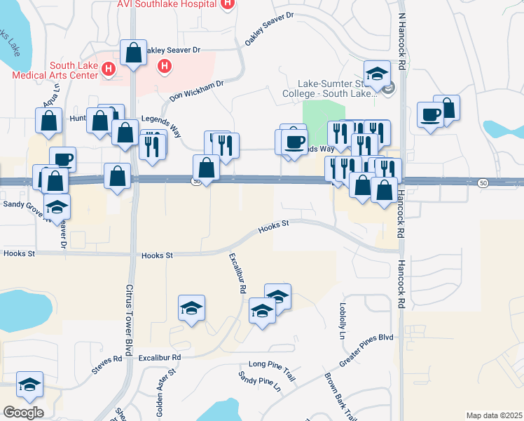map of restaurants, bars, coffee shops, grocery stores, and more near Hooks St in Clermont