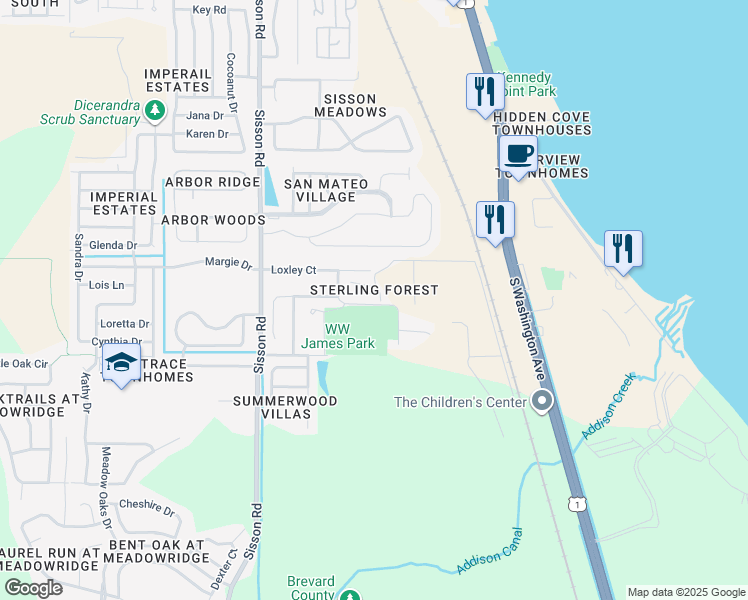 map of restaurants, bars, coffee shops, grocery stores, and more near 5437 Enchanted Avenue in Titusville