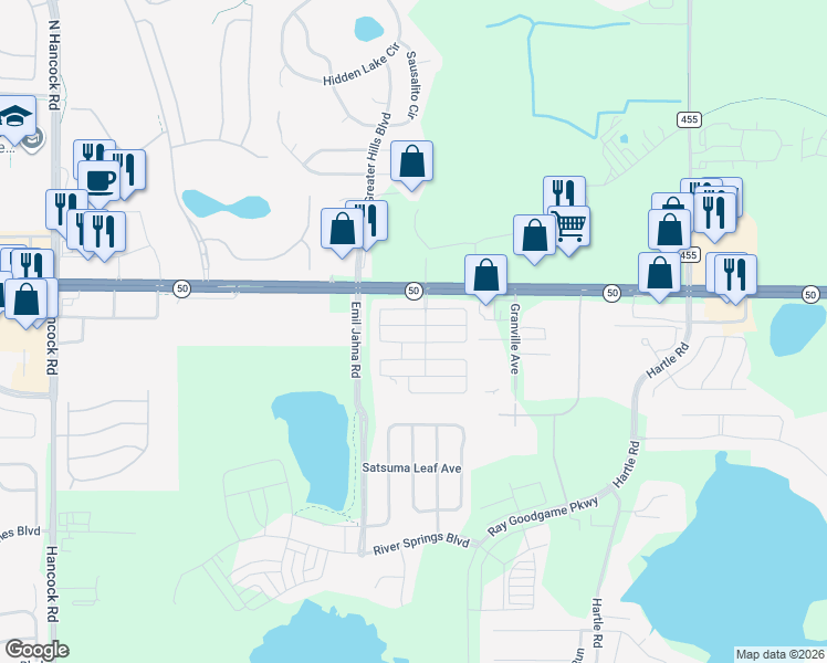 map of restaurants, bars, coffee shops, grocery stores, and more near 50 Navaho Tr in Clermont