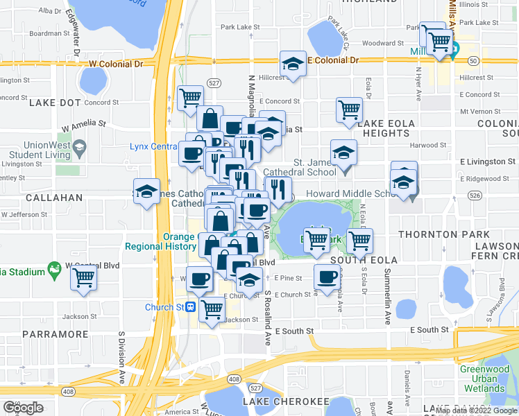 map of restaurants, bars, coffee shops, grocery stores, and more near 150 East Robinson Street in Orlando
