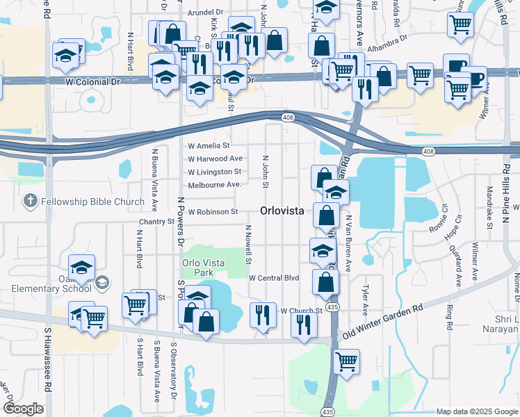 map of restaurants, bars, coffee shops, grocery stores, and more near 217 North Nowell Street in Orlando