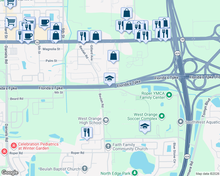 map of restaurants, bars, coffee shops, grocery stores, and more near 1625 Beulah Road in Winter Garden